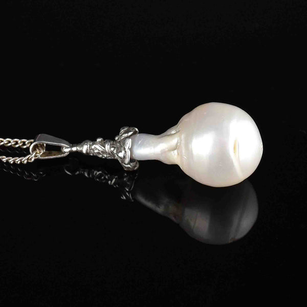 Vintage Art Deco Style Silver Baroque Pearl Pendant Necklace - Boylerpf