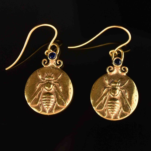Vintage Gold Sapphire Bee Dangle Earrings - Boylerpf