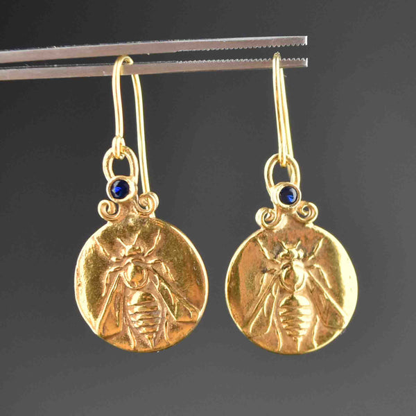 Vintage Gold Sapphire Bee Dangle Earrings - Boylerpf