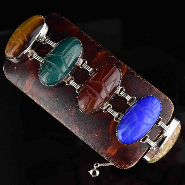 Vintage Sterling Silver Carved Scarab Chain Bracelet - Boylerpf
