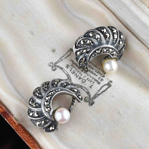 Vintage Sterling Silver Pearl Marcasite Clip On Earrings - Boylerpf