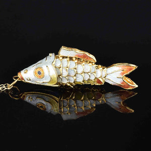 Gold Vermeil White Enamel Articulated Fish Pendant Necklace - Boylerpf