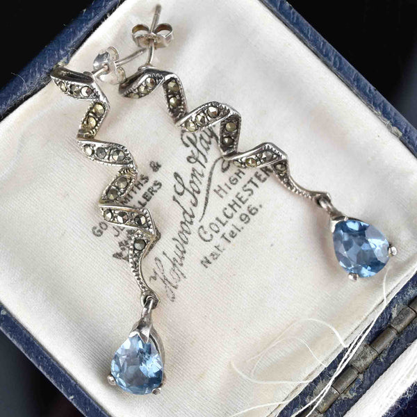 Vintage Art Deco Marcasite Blue Topaz Earrings - Boylerpf