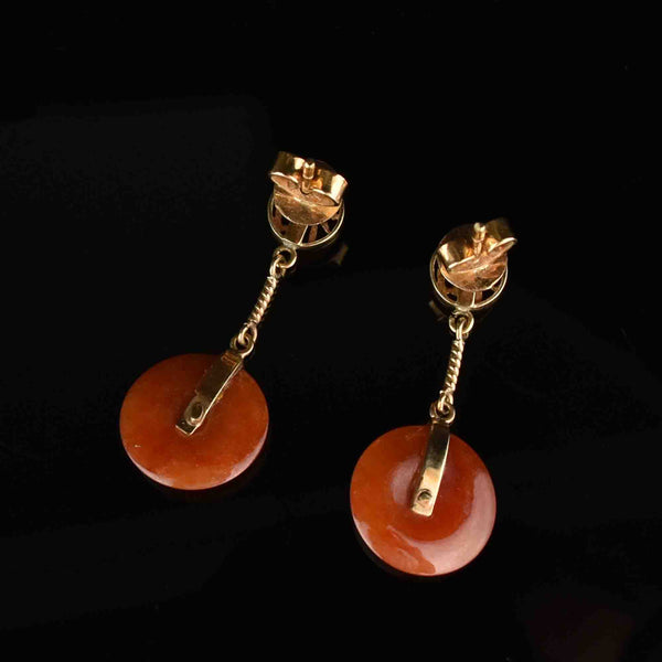 14K Gold Orange Jade Disc Drop Earrings - Boylerpf