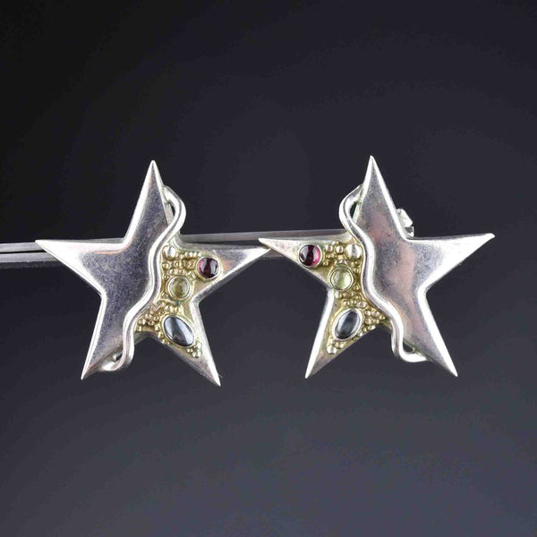 Vintage Multi Gemstone Silver Star Earrings - Boylerpf