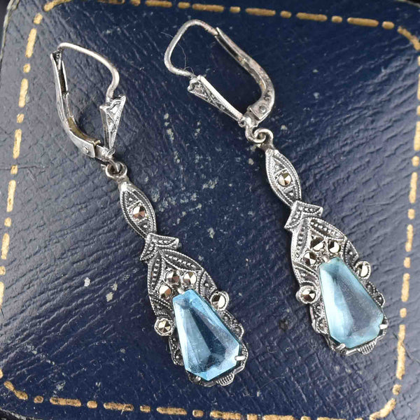 Vintage Silver Marcasite Blue Stone Earrings - Boylerpf