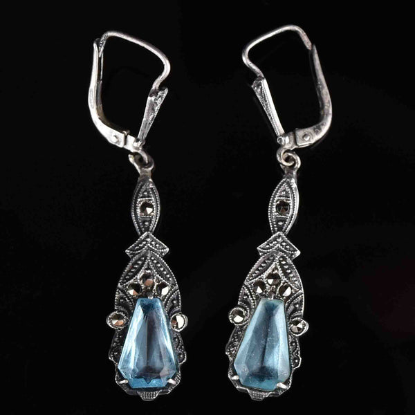 Vintage Silver Marcasite Blue Stone Earrings - Boylerpf