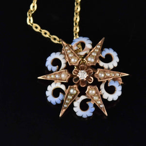 Antique Enamel Pearl Star Brooch Pendant 14K Gold - Boylerpf