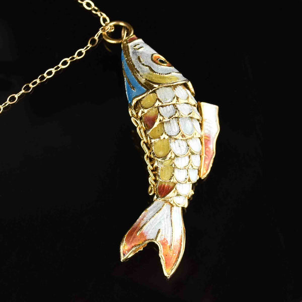 Gold Vermeil White Enamel Articulated Fish Pendant Necklace - Boylerpf