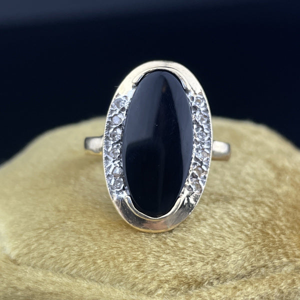 Vintage Art Deco Style 14K Gold Oval Black Onyx Diamond Ring, Sz 5 1/4 - Boylerpf