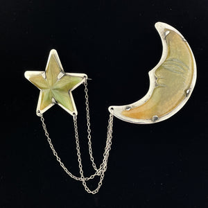 Vintage Mexico Silver Agate Star and Moon Triple Chain Brooch - Boylerpf