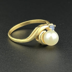 Vintage 14K Gold Pearl Sapphire Love Knot Ring, Sz 6 - Boylerpf