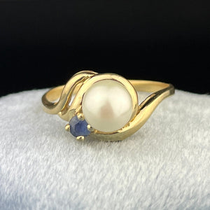 Vintage 14K Gold Pearl Sapphire Love Knot Ring, Sz 6 - Boylerpf