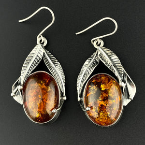 Arts and Crafts Style Silver Natural Baltic Amber Cabochon Earrings - Boylerpf