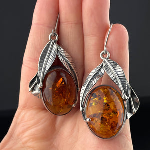 Arts and Crafts Style Silver Natural Baltic Amber Cabochon Earrings - Boylerpf