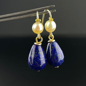 Vintage Lapis Lazuli Pearl Dangle Earrings - Boylerpf