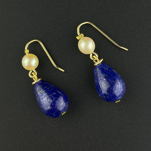Vintage Lapis Lazuli Pearl Dangle Earrings - Boylerpf