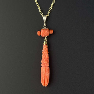 Antique Victorian Gold Carved Coral Pendant Necklace - Boylerpf
