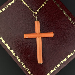 Antique Victorian 18K Gold Mediterranean Orange Coral Cross Pendant Necklace - Boylerpf