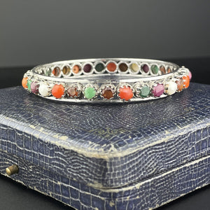 Vintage Silver Multi Gemstone Cuff Bangle Bracelet - Boylerpf