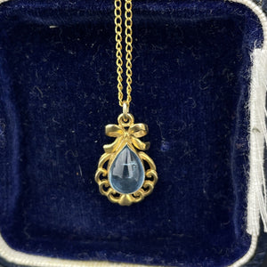 Vintage Gold Bow Blue Tourmaline Pendant Necklace - Boylerpf