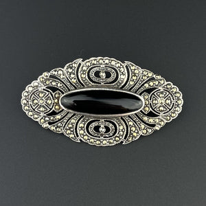 Vintage Art Deco Silver Black Onyx Marcasite Large Pin Brooch - Boylerpf