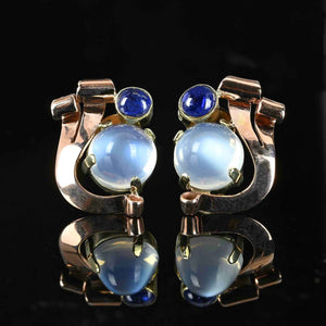 Retro 1940s Moonstone & Sapphire Earrings in 14K Gold - Boylerpf